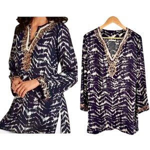 Soft Surroundings Akira Tunic Top Sz L Tie Dye Beaded Sequins Black White Orange